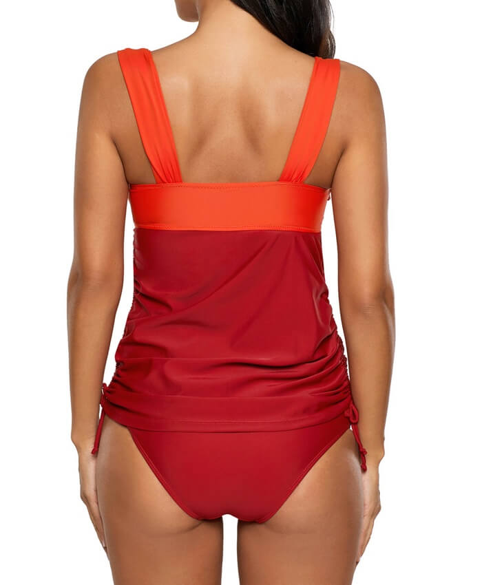 Color Block Wide Strap Drawstring Side Tankini Set